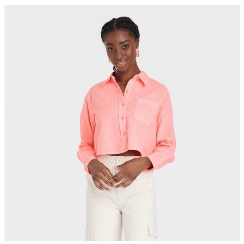 NWT Neon Pink Linen Blend Cropped Button Down Shirt XXL Barbiecore Coastal Y2K